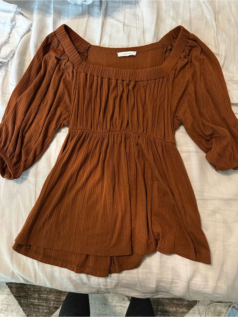 Smocked Square-Neck Peasant Top - Rust